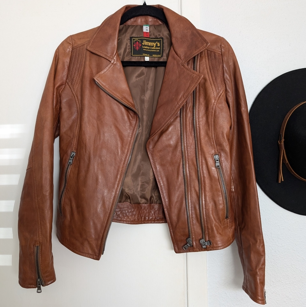 Jimmy's Italian Leather Collection Women's Chocolate Brown Moto Jacket Size 40